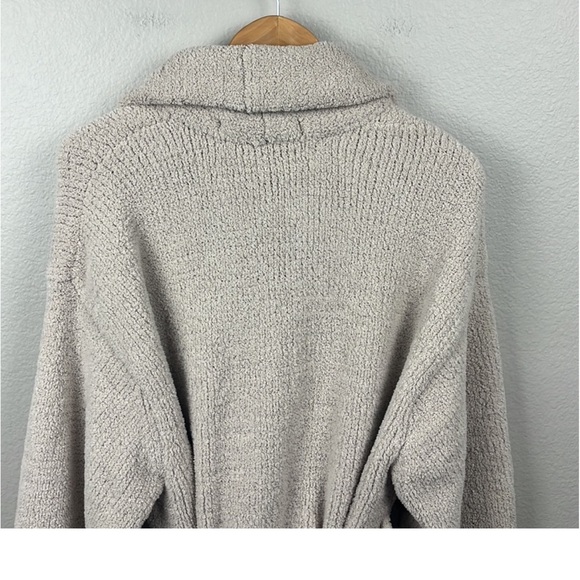 Barefoot Dreams Cozy Chic Robe Creamy Tan Ribbed Tie Waist Shawl Collar Pockets - Picture 3 of 7